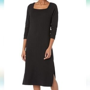 Splendid Black Midi Dress Square Neck Long Sleeve Side Slit‎ Casual Everyday